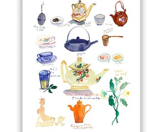 Tea print, Watercolor painting, Blue kitchen decor, Tea lover gift, Teapot illustration poster, Peaceful wall art, Kitchen art print, 8X10
