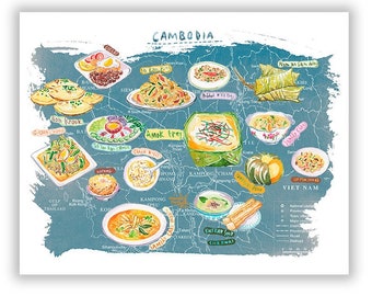 Cambodia map print, Cambodian food poster, Watercolor painting, Eastern Asian gift, Kitchen wall art, Fish amok, Phnom Penh, Illustrated map