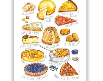 French Cake poster, Watercolor painting, France kitchen decor, Bakery artwork, European pastry illustration, Cake print, Colorful wall art