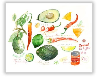 Guacamole recipe print, Illustrated recipe, Kitchen poster, Food art, Avocado painting, Wall decor, Kitchen art, Watercolor vegetable print