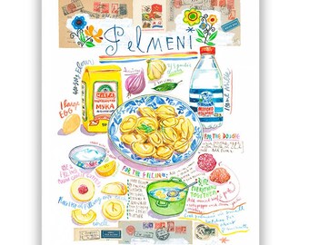 Pelmeni print, Watercolor painting, Illustrated dumpling recipe poster, Colorful kitchen wall art, Restaurant decor, Eastern Europe cuisine