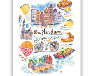 Amsterdam print, Watercolor painting, Dutch art print, Amsterdam wall art, Colorful travel poster, City illustration, European home decor