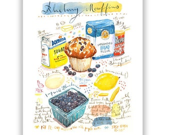 Blueberry muffin recipe poster, Signed food art print, Kitchen decor, Bakery wall art, Watercolor painting, Foodie gift, Yummy wall hanging