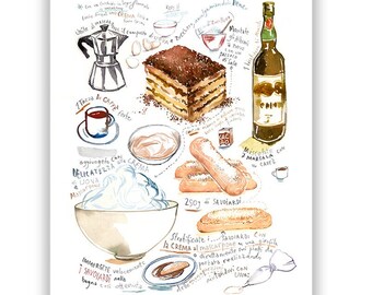 Tiramisu recipe poster, Italian food illustration print, Watercolor painting, Italy themed gift, Kitchen wall art, Italian dessert artwork