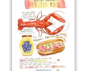 Maine Lobster roll illustrated recipe poster, Food artwork, Watercolor painting, Maine art print, Food illustration print, Kitchen wall art