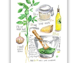 Basil pesto recipe print, Italian kitchen art, Watercolor painting, Green dining room decor, Italy cuisine poster, European food art gift