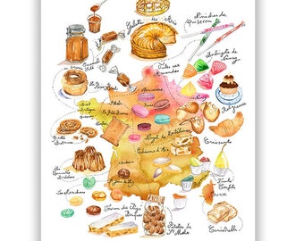 Map of sweet treats in France, Watercolor painting, French dessert poster, Gourmet gift, French kitchen print, European home decor, Food art