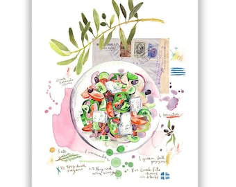 Greek Salad watercolor art print, Kitchen art, Food illustration print, Greece artwork, Mediterranean recipe poster, Greek painting Wall art