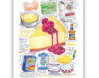 Cheesecake recipe print, Watercolor food painting, Colorful kitchen poster, Cake drawing, Bakery artwork, Vibrant wall art, Cosy home decor