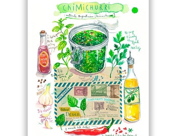 Argentinian food poster, Chimichurri recipe print, South American kitchen art, Argentina home decor, Watercolor painting, Colorful wall art