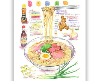 Ramen print, Kitchen wall art, Asian food poster, Japanese noodle recipe illustration, Watercolor painting, Travel artwork, Restaurant decor