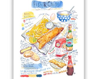 Fish and Chips recipe print, Watercolor painting, UK cooking poster, English fried fish artwork, British kitchen wall art, London cuisine