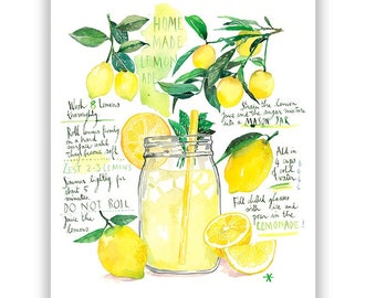 Lemonade recipe print, Yellow and green kitchen decor, Bright wall art, Lemon Watercolor painting, Drink artwork, Homemade summer soft drink