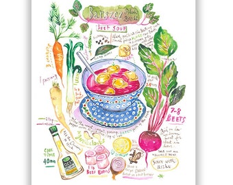 Polish food poster, Beet Soup watercolor painting recipe print, Poland cooking artwork, European kitchen wall art, Polish restaurant decor