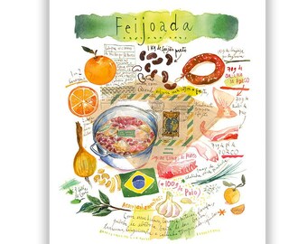 Feijoada poster, Brazilian home gift, South American cuisine print, Watercolor recipe art, Travel to Brazil food memories, Dining room decor