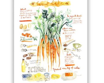 Carrot cake recipe poster, Watercolor food illustration poster, Orange kitchen decor, Kitchen art, Bakery painting, Dessert art, 8X10 print