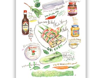 Vietnamese Summer Roll recipe print, Watercolor painting, Asian cuisine poster, Vietnamese kitchen wall art, Restaurant decor, Food art gift