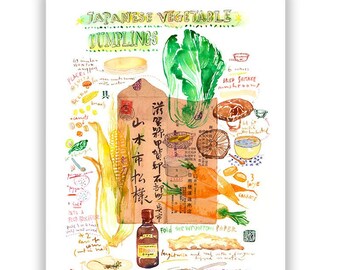 Japanese dumpling recipe print, Kitchen print, Japanese food poster, Japan cooking, Asian food art, Watercolor painting, Vegan art print