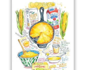 Cornbread recipe print, Watercolor painting, Southern cuisine poster, Yellow kitchen wall decor, Native American food art Family meal design