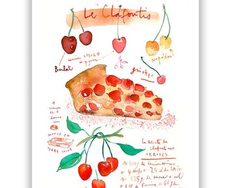 French Cherry Pie poster, Illustrated recipe print, French Kitchen decor, Watercolor painting, Bakery artwork, European kitchen wall art