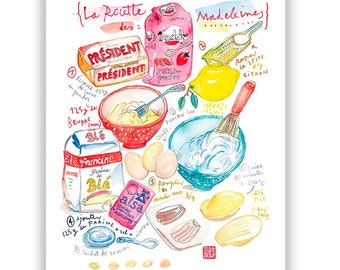 Madeleine recipe poster, French pastry print, Watercolor painting, Boulangerie decor, French themed kitchen wall art, European food artwork