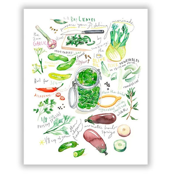 Pickle recipe print, Green kitchen wall art, Watercolor painting, Vegetable poster, Vegan restaurant decor, Healthy food illustration, 8X10