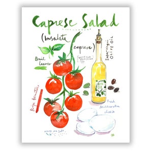 Caprese salad recipe print, Watercolor painting, Colorful kitchen wall art, Tomato poster, Italian cuisine, Food artwork, Vegetable art gift