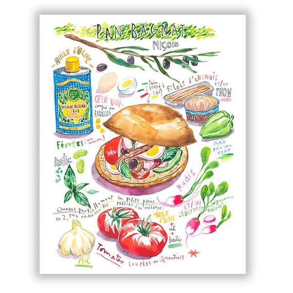 Le Pan Bagnat niçois, Recette illustration aquarelle, Décor mural peinture provençale, Poster Côte d'Azur, Affiche cuisine méditerranéenne