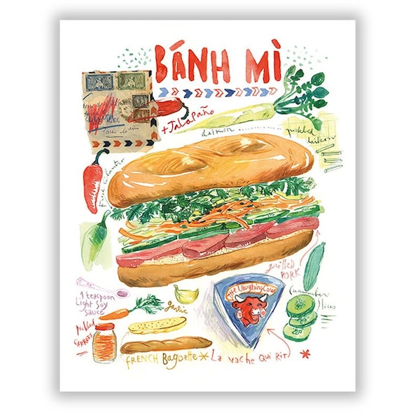 Le Banh Mi, Recette illustrée sandwich vietnamien, Cuisine Vietnam, Art culinaire, Affiche aquarelle décoration murale restaurant asiatique