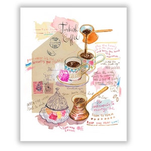 Turkish coffee recipe art print, Watercolor painting, Pink kitchen decor, Turkish wall art, Food illustration, Illustrated recipe poster image 1