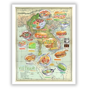 Vietnam poster, Vietnam food map print, Vietnam print, Vietnamese art, Asian print, Travel art, Vietnam watercolor painting, Kitchen decor