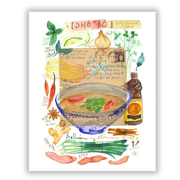 Recette du PHO BO vietnamien Illustration aquarelle Carnet de voyage Cuisine asiatique A4 Affiche