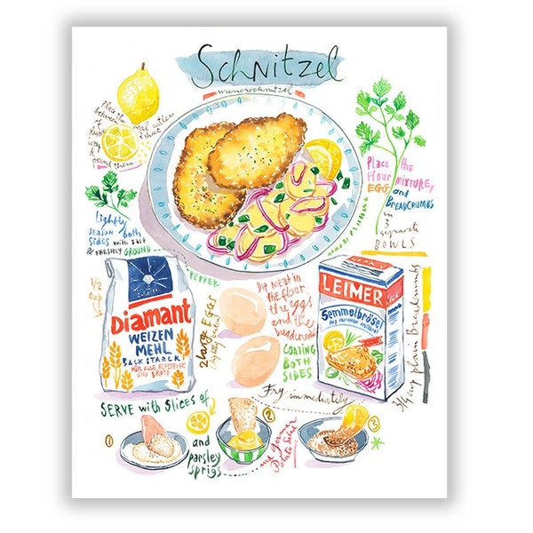 German Schnitzel recipe art print, Watercolor painting, European kitchen decor, Austrian cuisine poster, Colorful food art, Cook in Germany