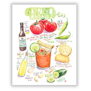 Gazpacho recipe print, Spanish kitchen decor, Andalusian food poster, European cuisine wall art, Tomato watercolor painting, Foodie gift