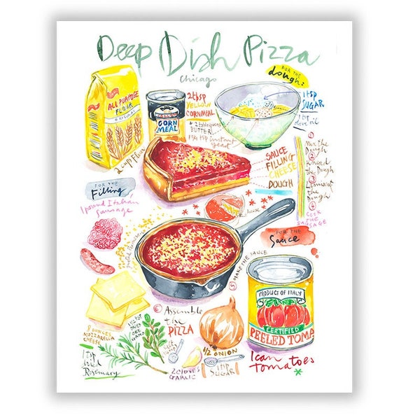 Deep-Dish Pizza recipe print, Chicago food art, Watercolor painting, Illinois kitchen decor, Colorful 8X10 poster, Foodie gift, Cook artwork