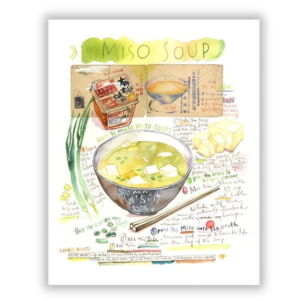 Soupe Miso, Recette illustrée, Recette japonaise, Décor cuisine, Extrême Orient, Affiche cuisine, Japon, Illustration Vegan, Végétarien