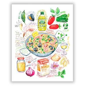 Spanish Paella recipe print, Watercolor painting, Seafood illustration poster, Cook in Spain, European cuisine, Colorful kitchen wall art