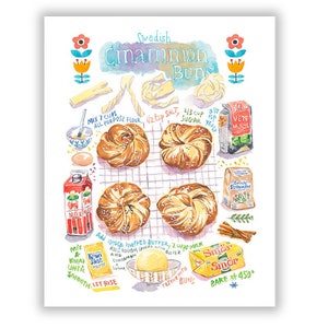 Swedish Cinnamon Bun recipe print, Sweden food poster, Scandinavian restaurant decor, Watercolor painting, Kitchen wall art, Bakery artwork