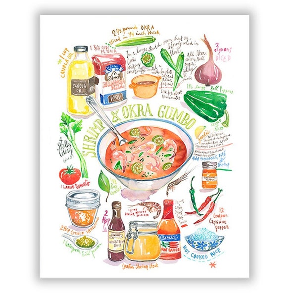 Le Gumbo de Louisiane, Recette illustrée du Gombo aux crevettes, Aquarelle, Affiche cuisine créole, Poster cajun, Cuisine Nouvelle Orléans