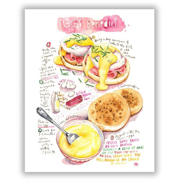 Eggs Benedict recipe print, Kitchen art, Watercolor food illustration poster, Recipe art, Food wall art, Bright kitchen decor, Food artwork