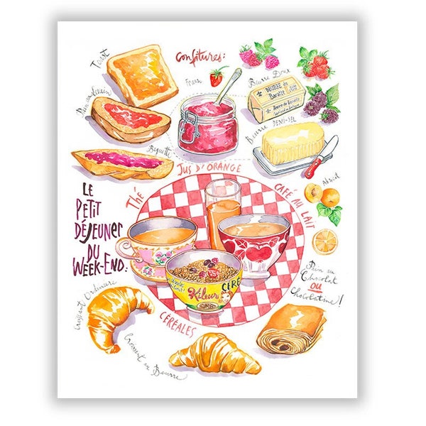 Le petit-déjeuner traditionnel en France, Affiche peinte à l'aquarelle, Décoration cuisine colorée, Recette illustrée, Cadeau pour gourmand