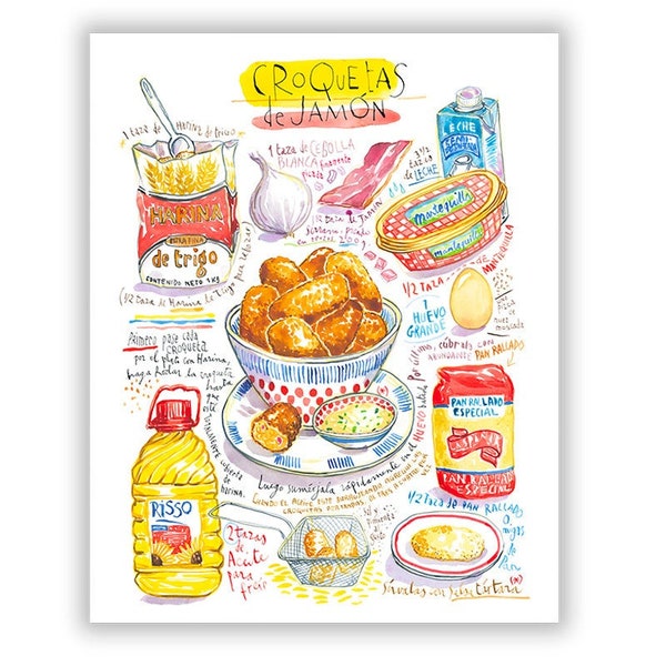 Les Tapas de la cuisine espagnole Croquetas de Jamón, Recette dessinée à l'aquarelle, Affiche cuisine, Décoration murale Espagne bar à tapas