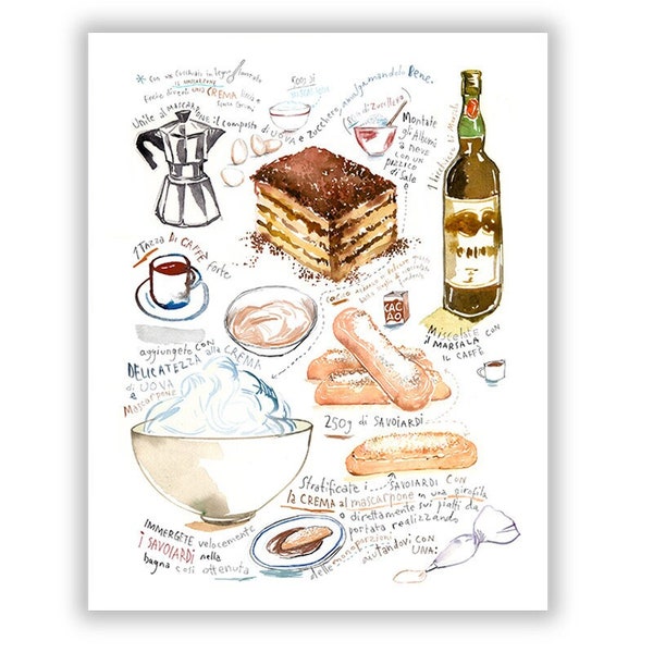 Tiramisu, Recette illustrée, Aquarelle, Illustration dessert, recette italienne, Italie, Affiche cuisine, Décor cuisine, Affiche en italien