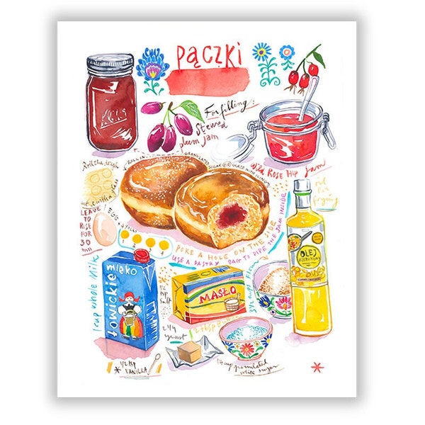 Paczki, Recette polonaise, Illustration Cuisine Europe de l'Est, Aquarelle, Décoration murale, Affiche gateau de Pologne, Art culinaire A4