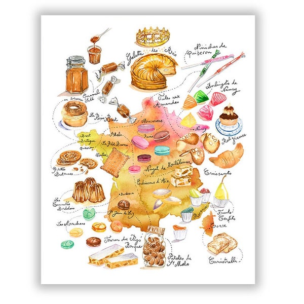 Affiche carte de France, Desserts, gateaux et bonbons régionaux, Peinture aquarelle, Décoration cuisine française, Cadeau pour becs sucrés