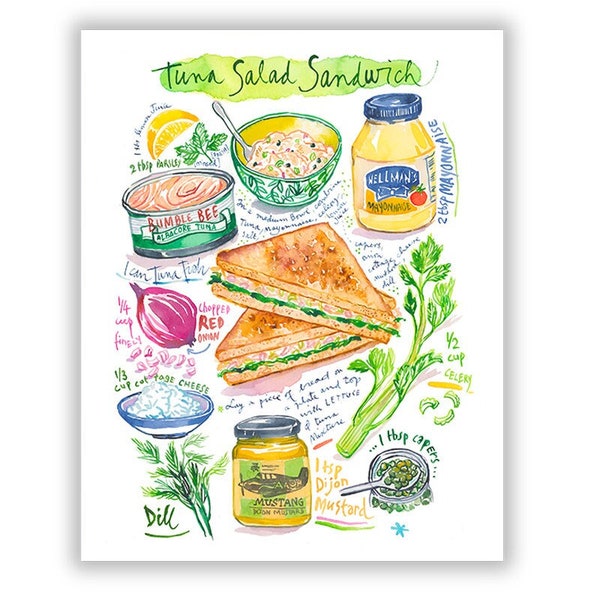 Tuna salad sandwich with mayo recipe poster, Watercolor painting, Green kitchen wall art, Summer cuisine, Comfort food print, Bright decor