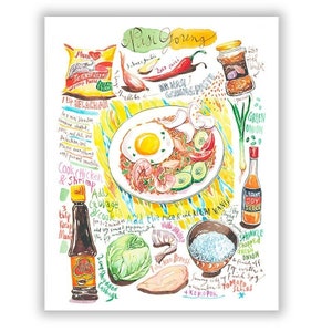 Indonesian Nasi Goreng recipe print, Watercolor painting, Street food art, Asian kitchen decor, Bali national dish poster, Indonesia cooking image 1