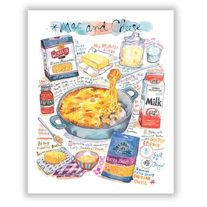 Mac and Cheese recipe art print, Watercolor painting, Comfort food poster, Southern kitchen wall art, Pasta illustration print, Home decor