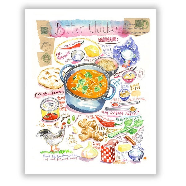 Butter chicken, Recette indienne, Illustration aquarelle, Cuisine indienne, Illustration cuisine d'Inde, Affiche cuisine, Décoration murale