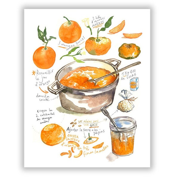 Orange kitchen wall art, Marmalade recipe illustration poster, Watercolor recipe painting, Food art, Bright kitchen decor, Jam lover gift